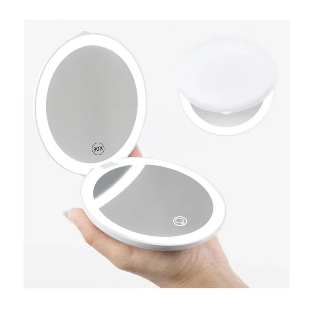 Dual Lighted Compact Mirror, Led Rings, Magnification, Adjustable Brightness
